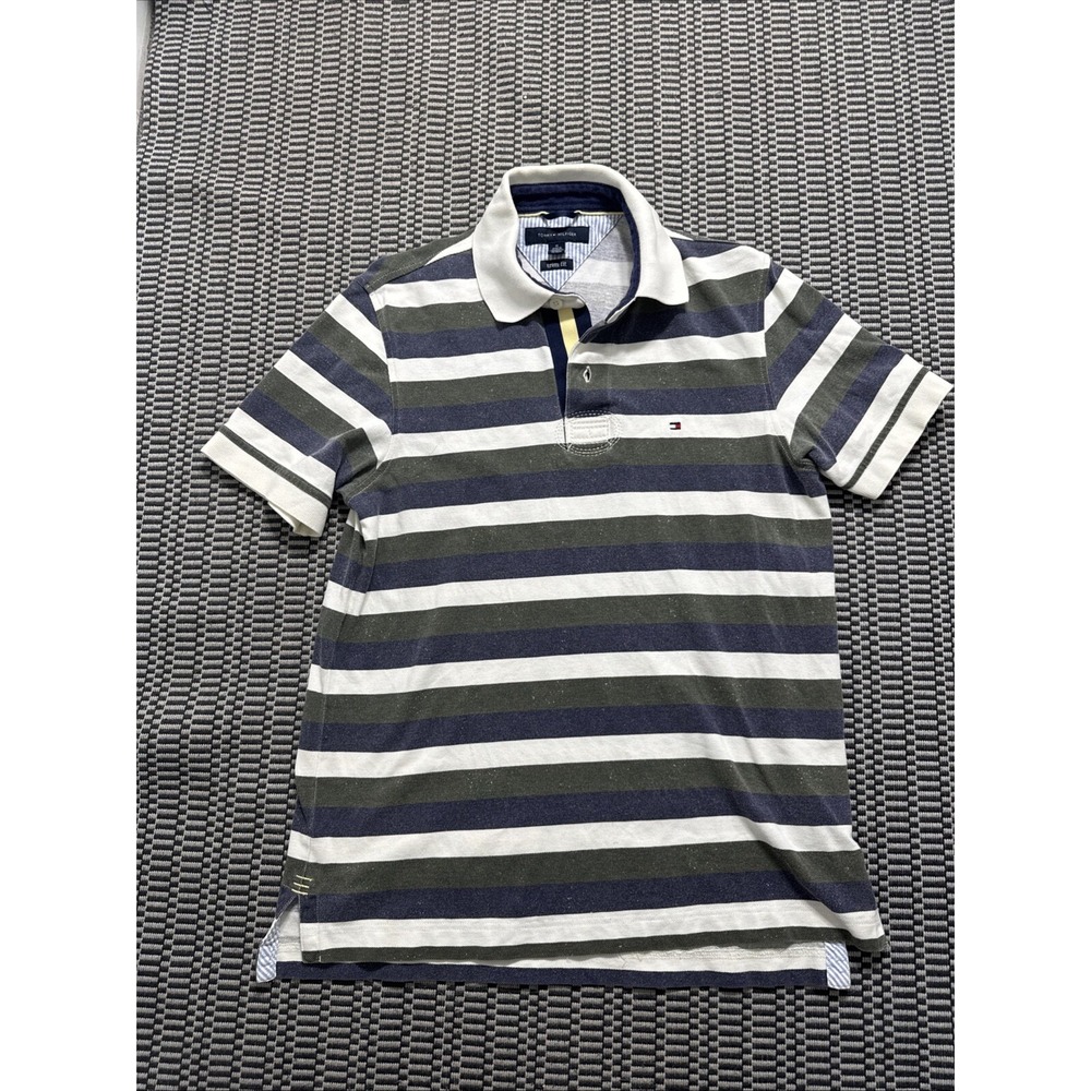 tommy hilfiger striped trim fit polo shirt size medium
